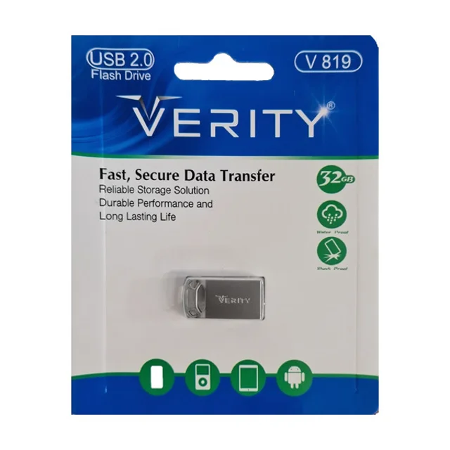فلش مموری 32 گیگابایت وریتی مدل V-819 با رابط USB 2.0، بدنه فلزی مقاوم و ضد خش، سرعت انتقال 3-4.webp